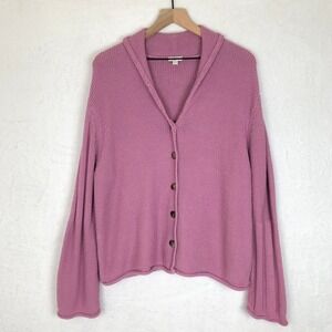 J. JILL 100% Cotton Cardigan Sweater Sz XL Pink Button Front Ribbed Bell Sleeve